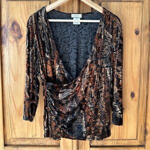 Laura Velour Floral Faux Wrap Deep V Neck Brown Copper Beige Black - XL